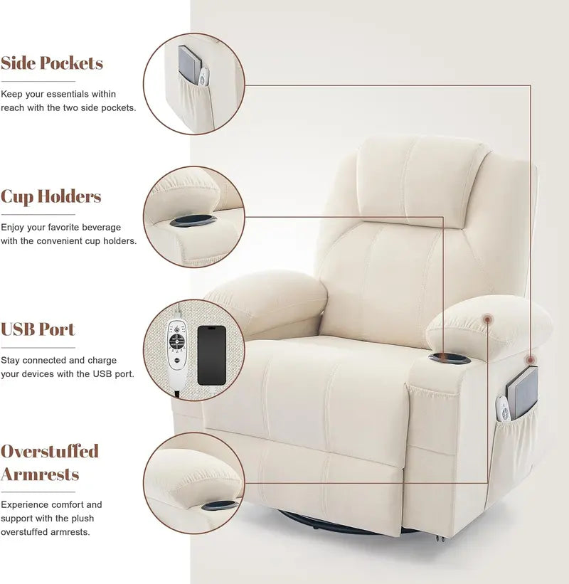 Large Swivel Rocking Recliner Sofa – Single-Seat Heated & Massaging Lounge Chair