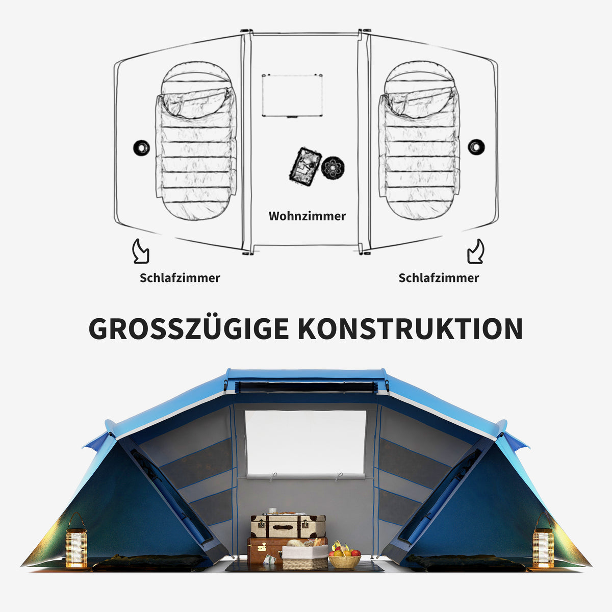 Outsunny Campingzelt für 4-6 Personen leicht, stabil wasserdicht Familienzelt mit Eingang Bodenplane, Zelt mit 2000mm Wassersäule Tunnelzelt Kuppelzelt für Camping Reise Trekking Garten, Blau