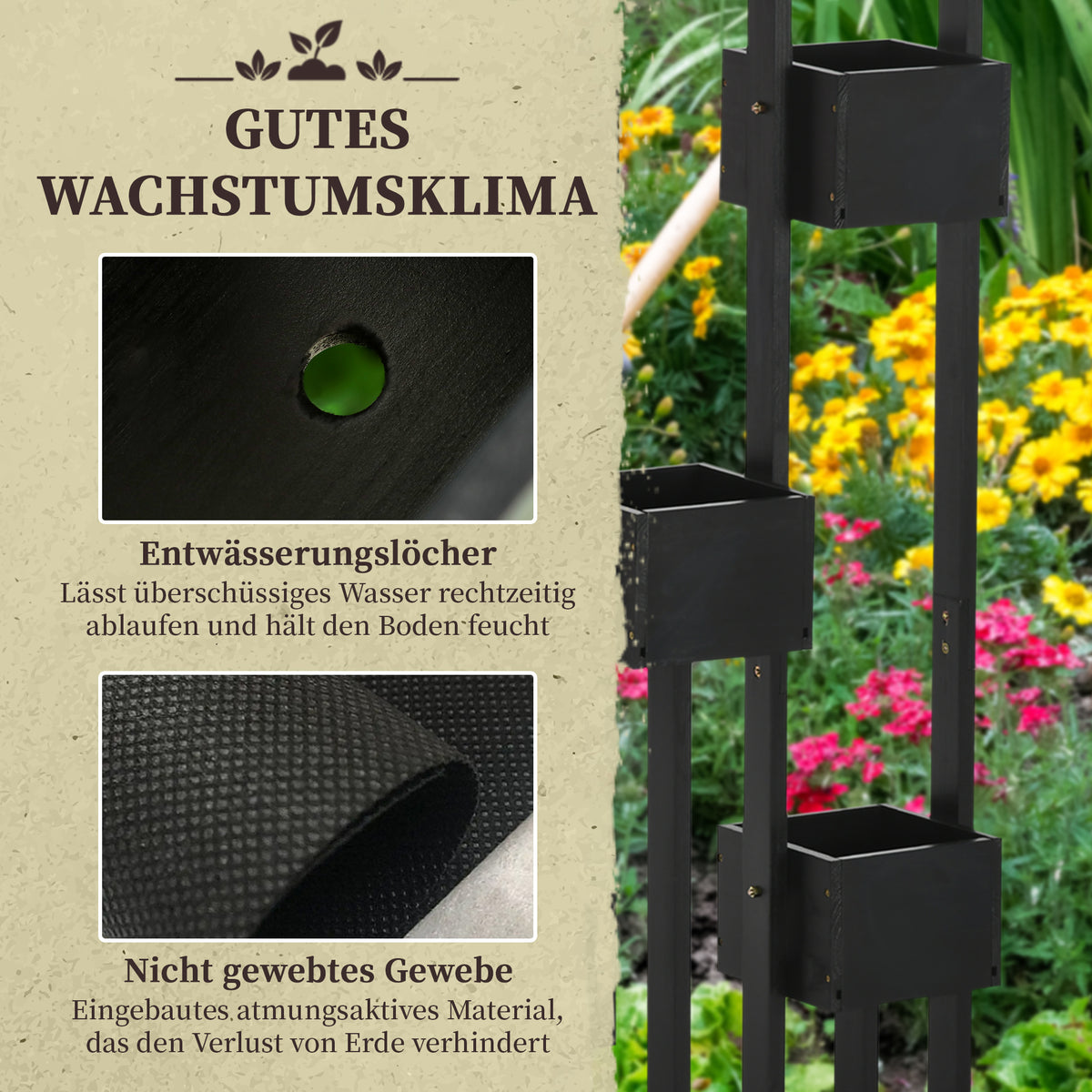 Outsunny Pflanzkasten-Kombination, modulares Design, Standrahmen, Naturholz, schwarz, 90 x 45 x 170 cm