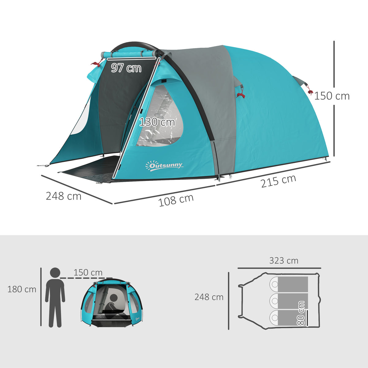 Outsunny Camping Zelt 2-4 Personen, familien Dome Zelt wasserdicht, mit Fenstern, Tasche, Tragetasche Himmelblau