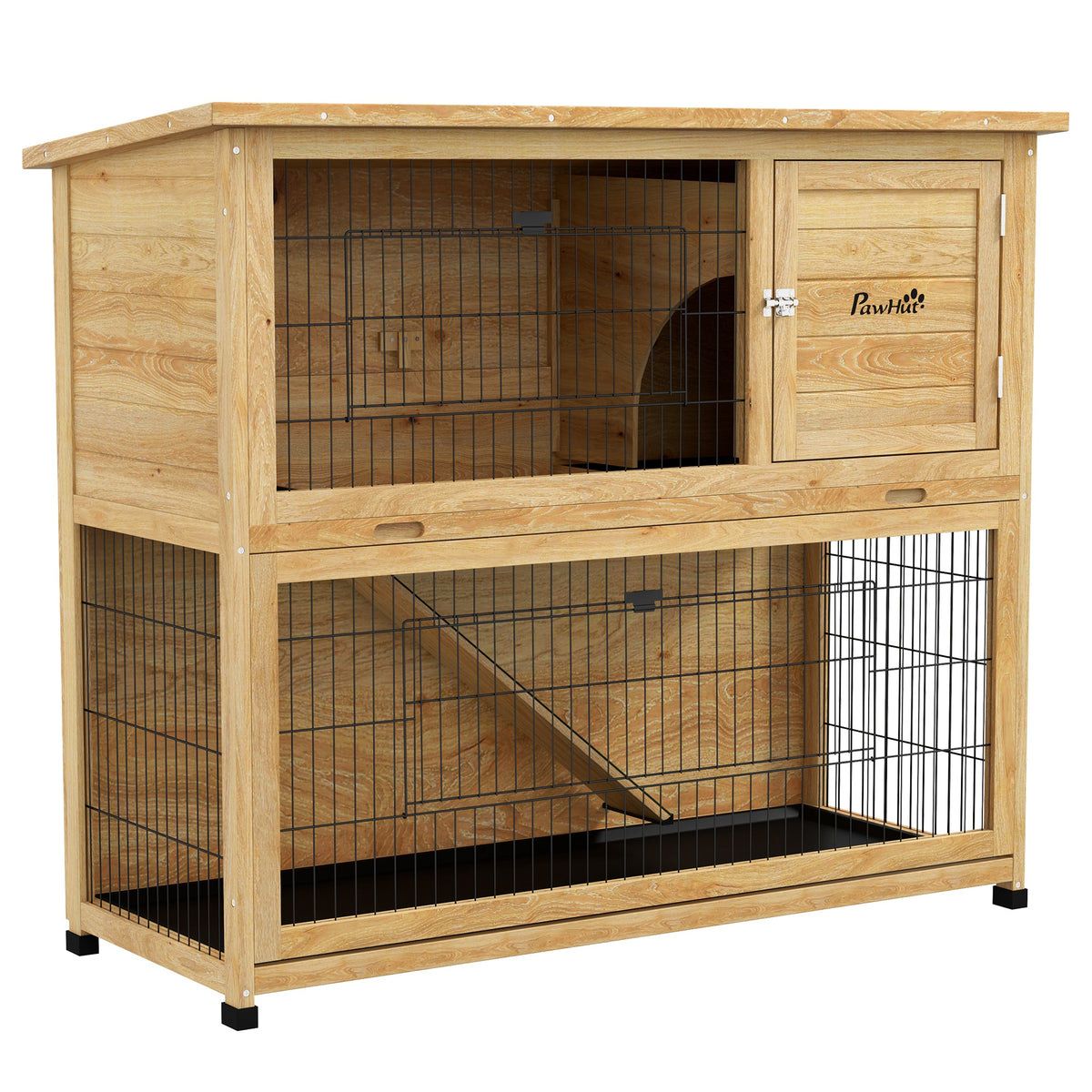 PawHut Kaninchenstall aus Holz 2 Etagen mit 3 Türen herausziehbarem Tablett Rampe Bitumendach 120 x 50 x 102 cm gelb