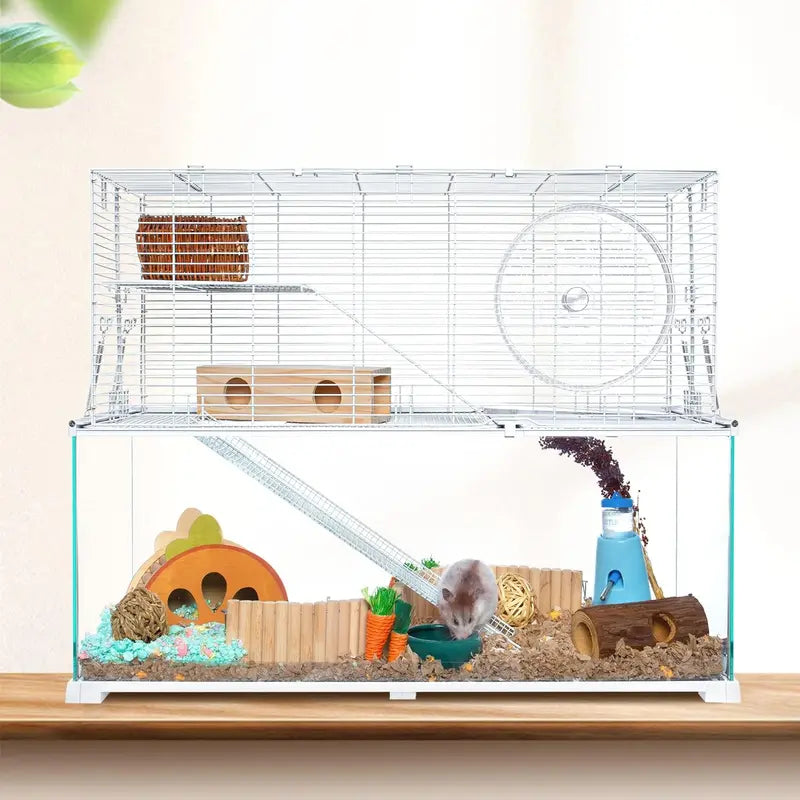 Large 3-Tier Hamster Habitat – Glass Base with Wire Topper, Ramps, Ladders & Waterproof Tray