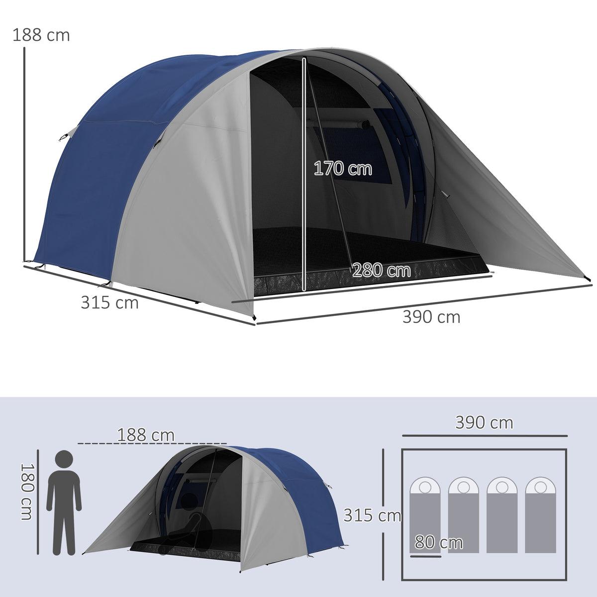 Outsunny Familien-Campingzelt für 3-4 Personen, wasserdicht, leicht, belüftet, einfach aufzubauen, Maße 390L x 315B x 188H cm