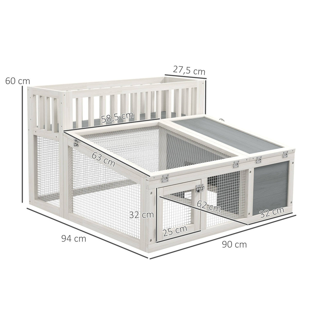 PawHut Kaninchenstall, Holzkaninchenkäfig mit Pflanzenregal großem Raum aus Holz, mehreren Türen Maße 94L x 90B x 60H cm