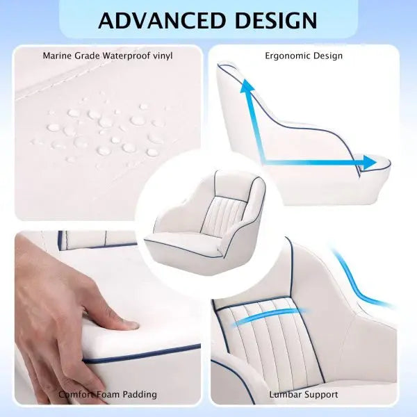 White & Blue Pontoon Boat Captain's Seat – Fold-Back Backrest, Cabin-Ready