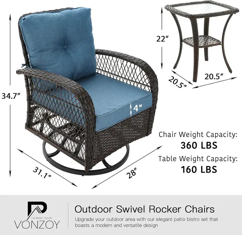 VONZOY 3-Piece Patio Set – Rocking Chair & Matching Cushioned Seating with Rust-Resistant Frames