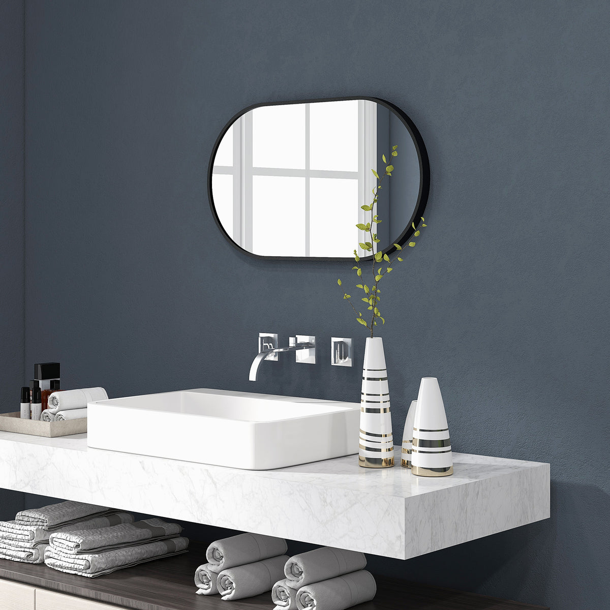 HOMCOM Ovaler Wandspiegel mit Aluminiumrahmen im minimalistischen Stil, vertikale oder horizontale Montage mit 3 Haken 40 x 70 cm Schwarz