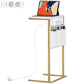 HOMCOM Couchtisch C-Form Marmoreffekt mit integrierten Steckdosen und USB, Weiß