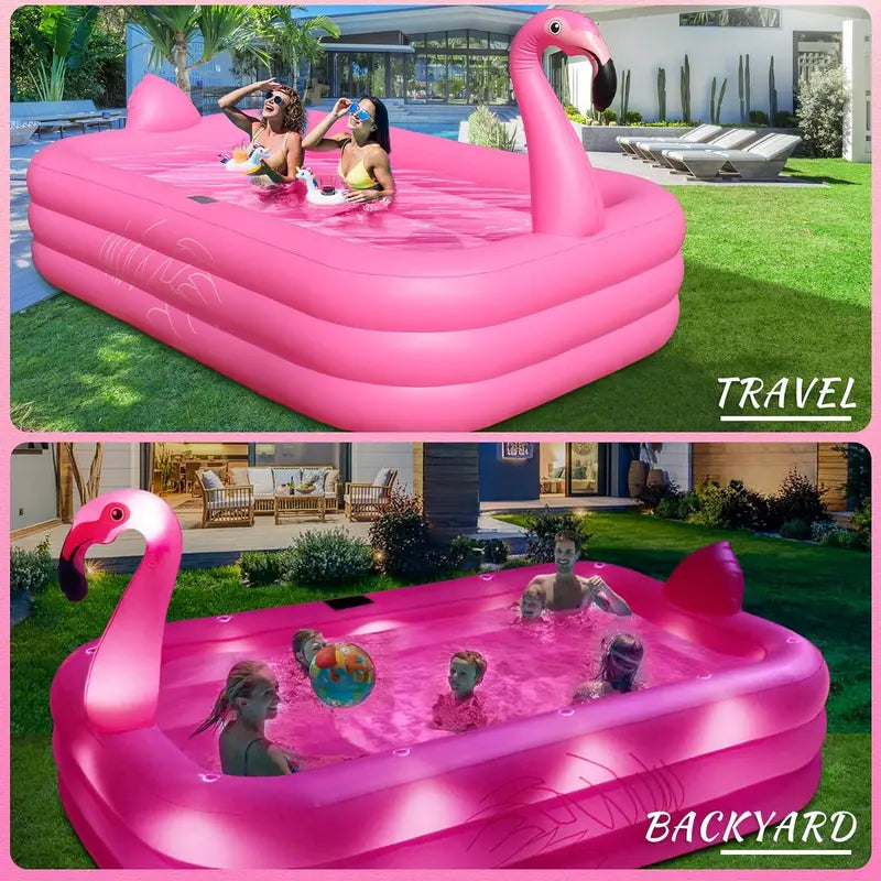 Solar-Powered Flamingo Inflatable Pool with LED Lights – Durable 105″ x 65″ x 25″ Outdoor Kiddie & Adult Pool