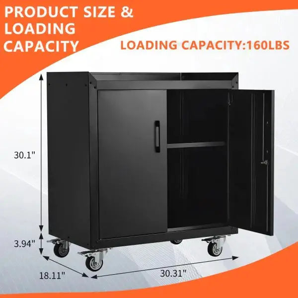 Rolling Metal Garage Storage Cabinet with Lockable Doors, Adjustable Shelves, and Tool Organization – 34″H x 30.3″L x 18″W