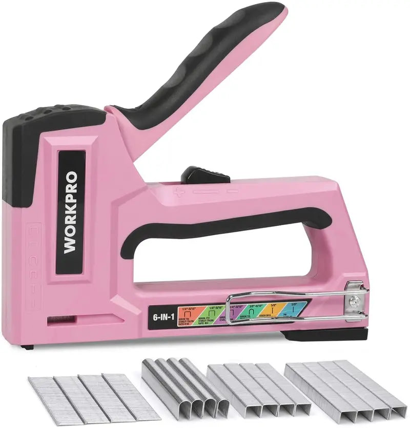 WORKPRO 6-in-1 Manual Upholstery Stapler – Pink Ribbon Finish Multi-Function Nail Gun