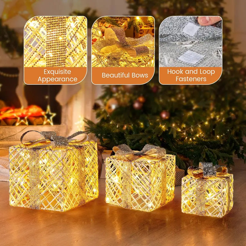 Set of Three Lighted Gift Box Ornaments — 90 LEDs Total, Festive Bow Accents for Indoor or Outdoor Use
