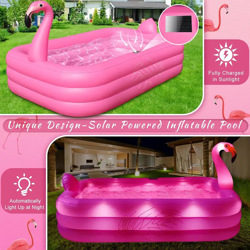 Solar-Powered Flamingo Inflatable Pool with LED Lights – Durable 105″ x 65″ x 25″ Outdoor Kiddie & Adult Pool