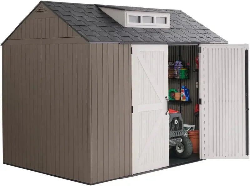 Rubbermaid Resin Garden Shed with Floor – 2.13 m × 2.13 m, Weather-Resistant Grey Storage Unit for Tools & Equipment
