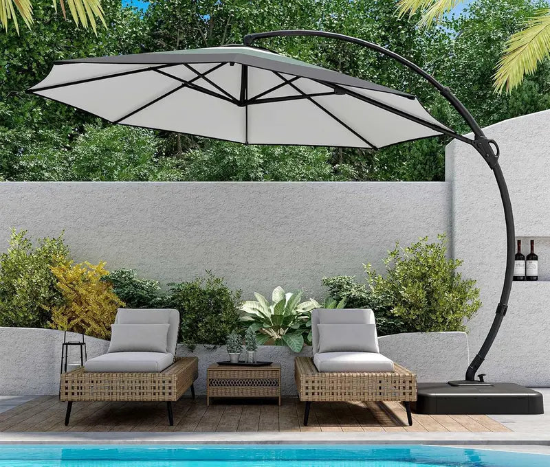 LAUSAINT HOME 11-Foot Cantilever Umbrella — Curvy Offset Design with 360° Rotation, Base Included, Beige Finish