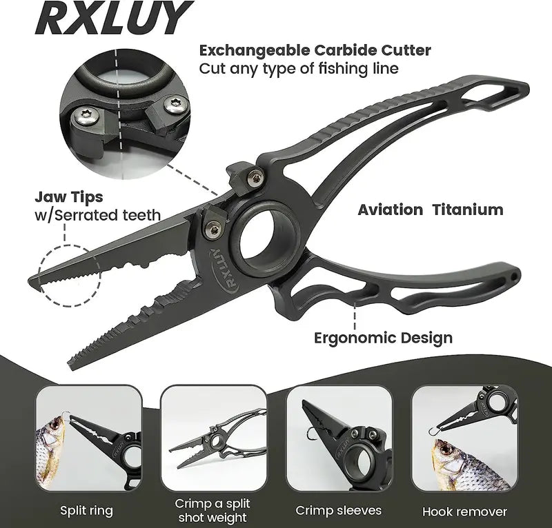 RXLUY Titanium Saltwater Fishing Pliers Kit – Tungsten Cutters, Hook Remover & Knot Tying Tool with Lanyard