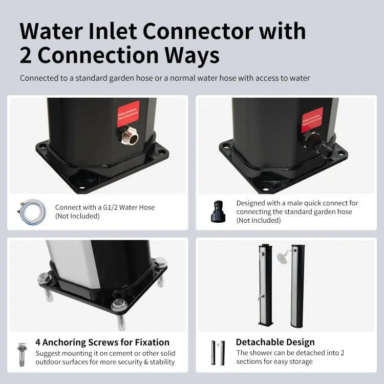 Solar-Heated Freestanding Outdoor Shower: 7.2FT Height, Built-in Foot Wash & Eco-Friendly Design