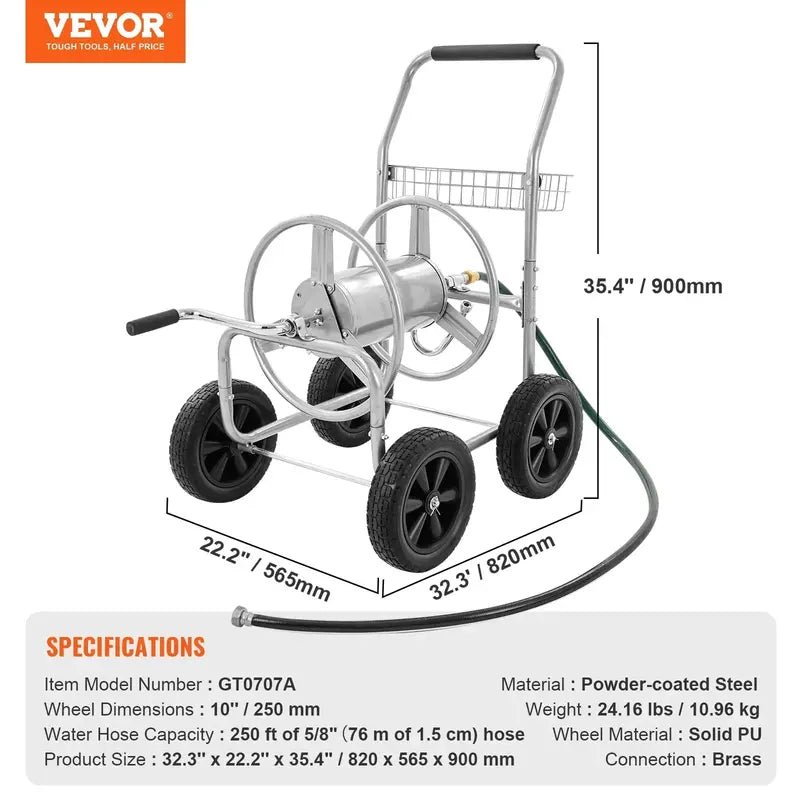 VEVOR Heavy-Duty Mobile Hose Reel Cart – Holds 250 ft of 5/8″ Hose, 4-Wheel Design with Storage Basket