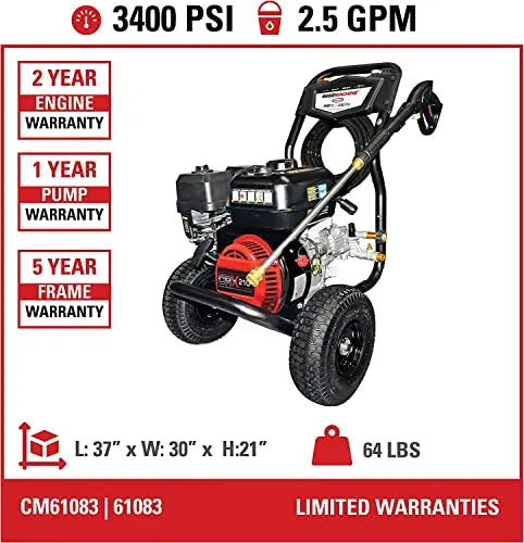 SIMPSON CM61083 Clean Machine Gas Pressure Washer – 3400 PSI for Residential & Light Commercial Cleaning