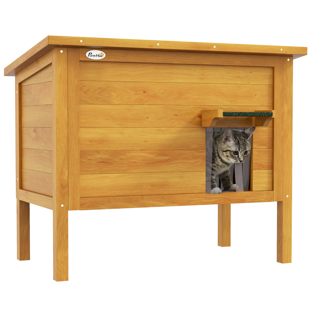 PawHut Katzenhaus Nische für draußen aus erhöhtem Holz mit klappbarem Dach isoliert 85 x 50 x 68,5 cm naturgrün