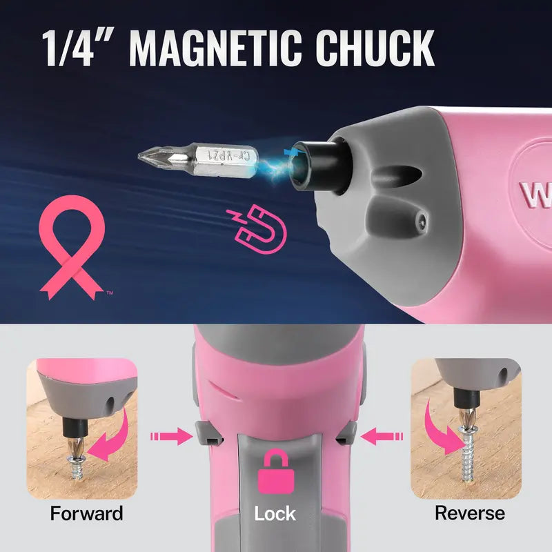 WORKPRO 3.6V Offset-Shaft Cordless Screwdriver – 22-Piece Bit Set in Pink Ribbon Packaging