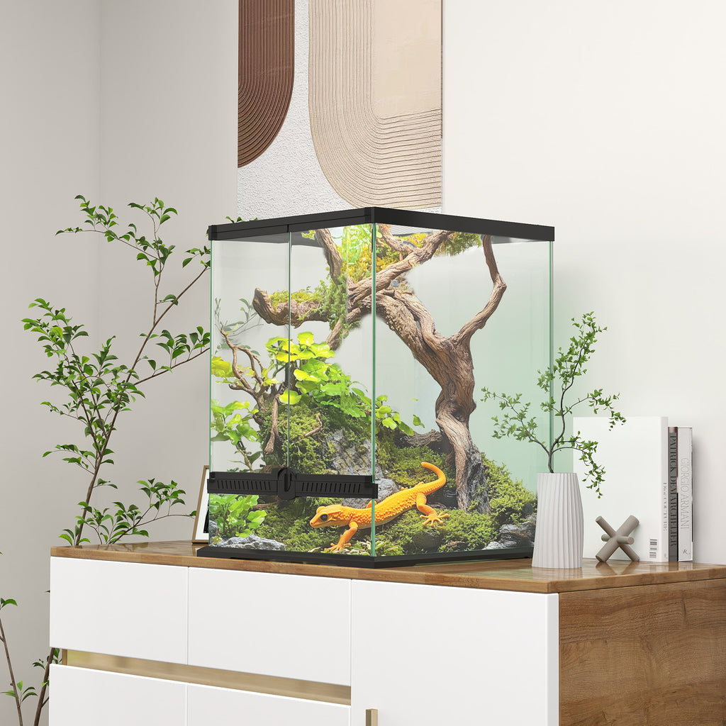 PawHut Terrarium, Glasgehäuse, verriegelbar, Kabelmanagement, 45x45x60cm, Schwarz