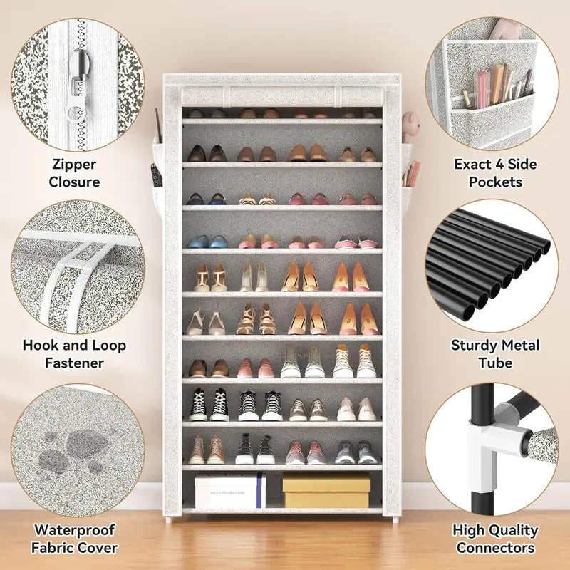ROJASOP 10-Tier Covered Shoe Rack – Stackable Tall Storage Shelf with Dust Covers