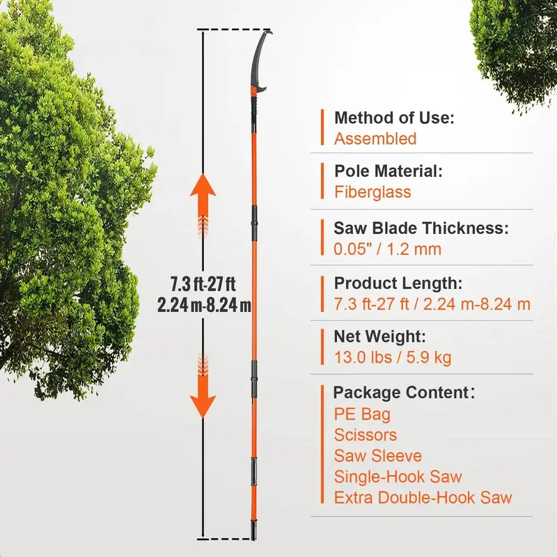 VEVOR Manual Pole Saw, 7.3-27 ft Extendable Tree Pruner with Durable Carbon Steel Blade