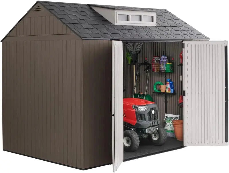 Rubbermaid Resin Garden Shed with Floor – 2.13 m × 2.13 m, Weather-Resistant Grey Storage Unit for Tools & Equipment
