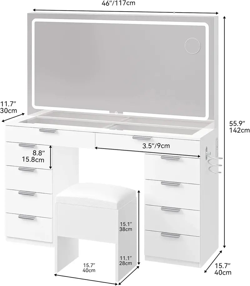 YITAHOME LED Vanity Set with 10-Drawer Storage and Matching Stool