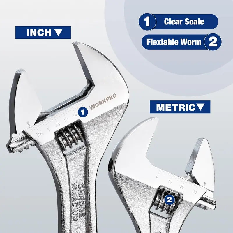 WORKPRO Triple-Size Adjustable Wrench Set — Chrome-Plated Cr-V with Anti-Slip Grip and Dual Metric/SAE Scales