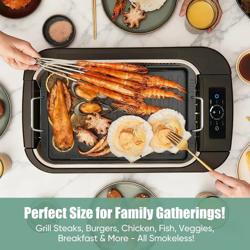 Smokeless Indoor Grill with Dual-Zone Cooking: LED Smart Display, 6-Temp Settings, Non-Stick Removable Plates, and Dishwasher-Safe Components
