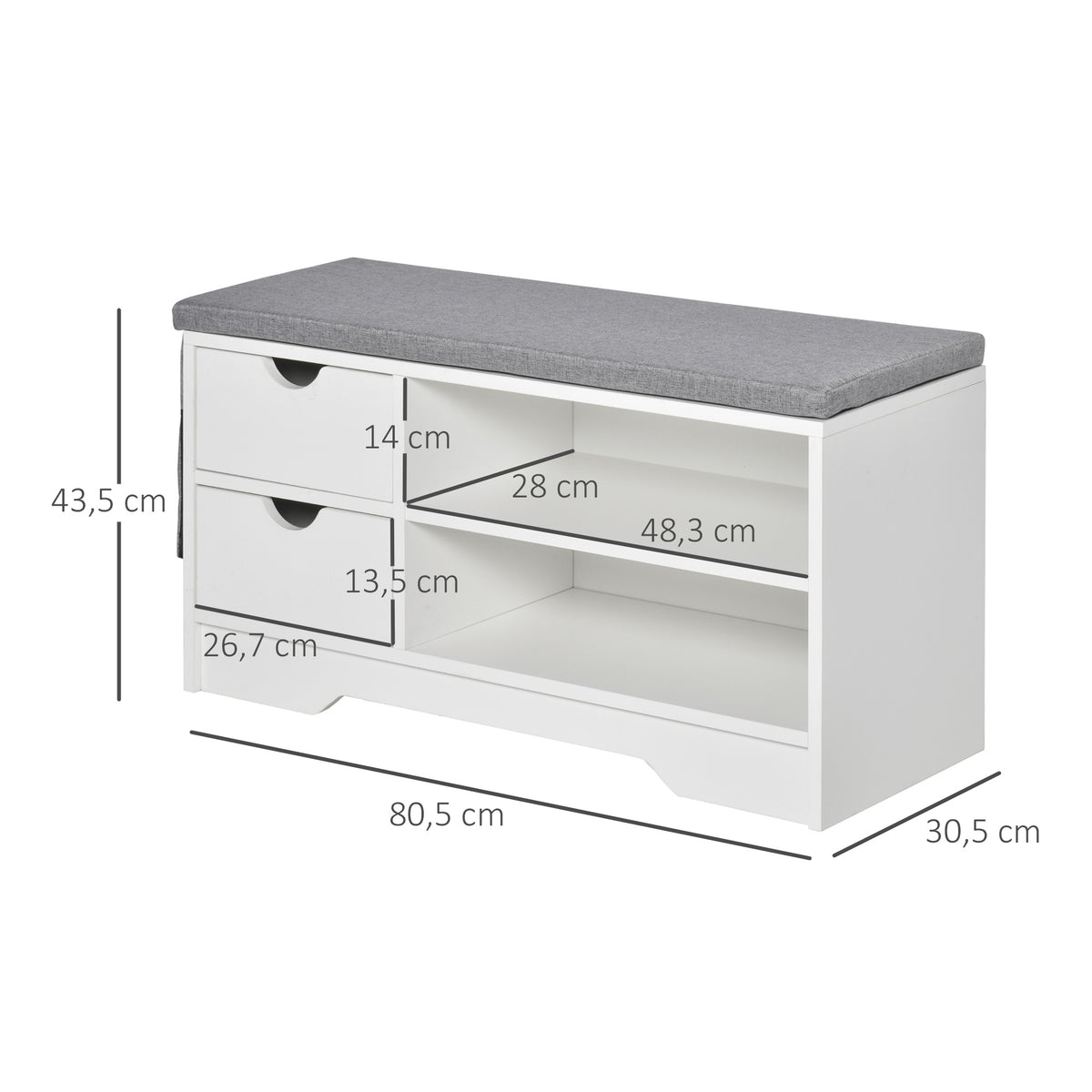 HOMCOM Schuhbank und Schuhschrank mit Sitzkissen Grau 2 Regale und 2 Schubladen MDF 80,5 x 30,5 x 43,5 cm Grau und Weiß