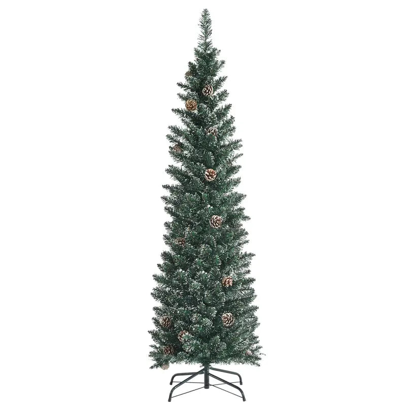 Slim Snow-Flocked Pencil Christmas Tree – Pre-Lit Artificial Tree with Hinged Branches
