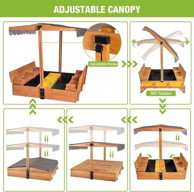 Kids' Wooden Outdoor Sandbox with Retractable Canopy – Includes Foldable Benches & Sand Liner