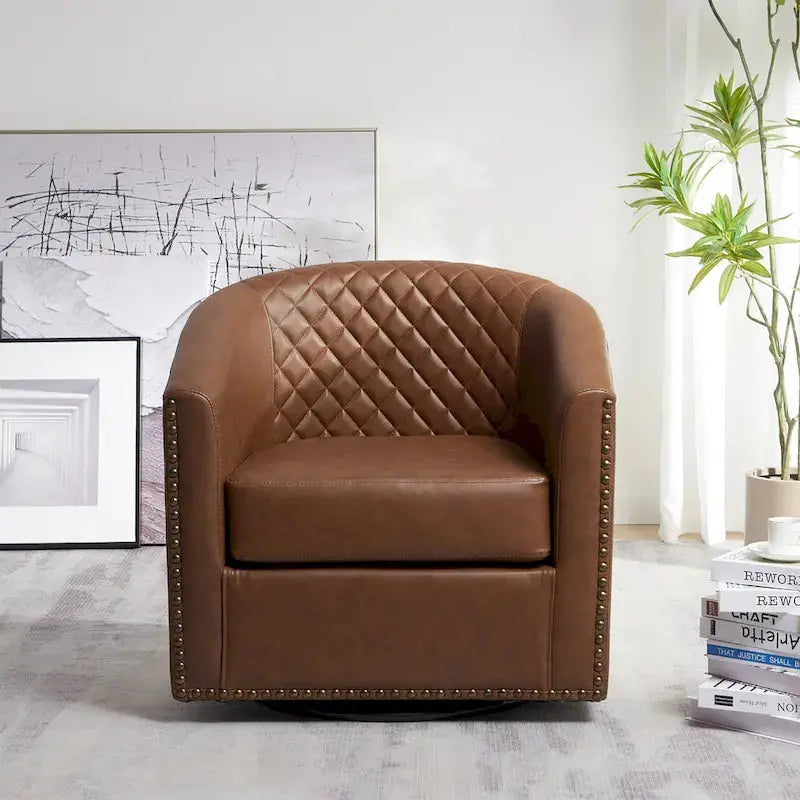 KINWELL Swivel Barrel Chair – 29″ Wide Tufted PU Leather Accent Seating with 360° Rotation