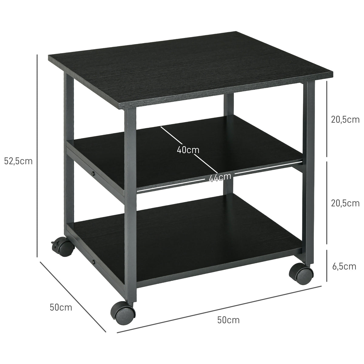 HOMCOM Druckerständer mit 3 Ebenen Ablagen, rollbar auf Rollen 50 x 50 x 52,5 cm