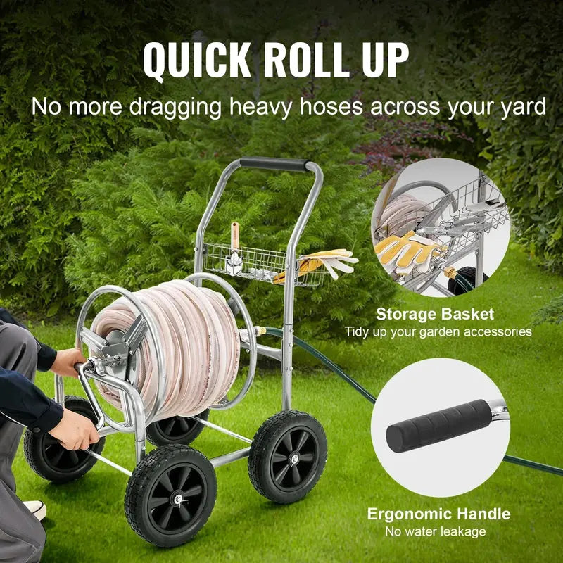 VEVOR Heavy-Duty Mobile Hose Reel Cart – Holds 250 ft of 5/8″ Hose, 4-Wheel Design with Storage Basket