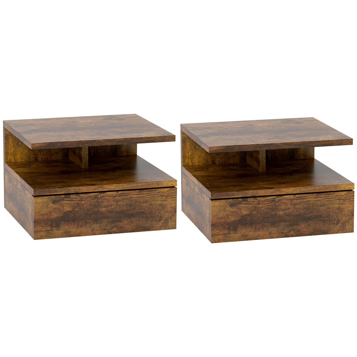 HOMCOM Set mit 2 Schwebende Nachttische für Schlafzimmer mit Schublade und Oberregal aus Holz 35x32x22.5cm, Rustikales Braun