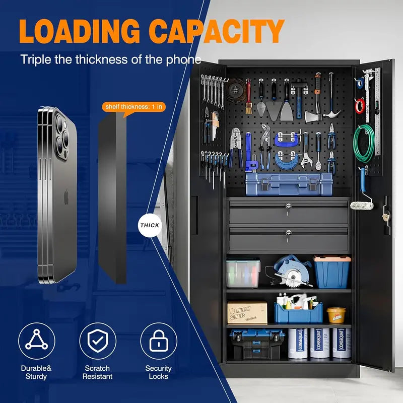 Yizosh Heavy-Gauge Locking Garage Cabinet – 71-Inch Steel Tool Storage with Pegboard, Two Drawers, and Reinforced Doors