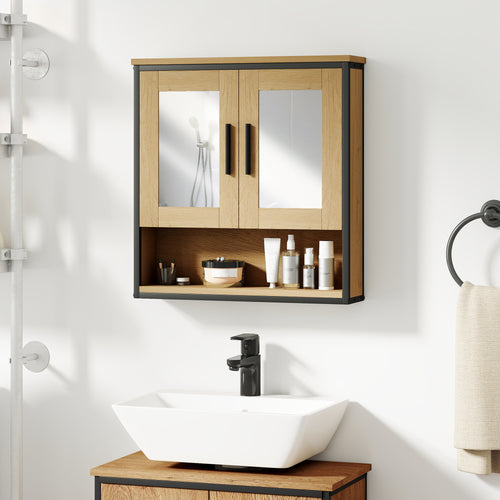 HOMCOM Wandspiegelschrank Badezimmer mit Miroir, Badezimmerschrank mit offenem Fach und verstellbarem Regal, Eiche