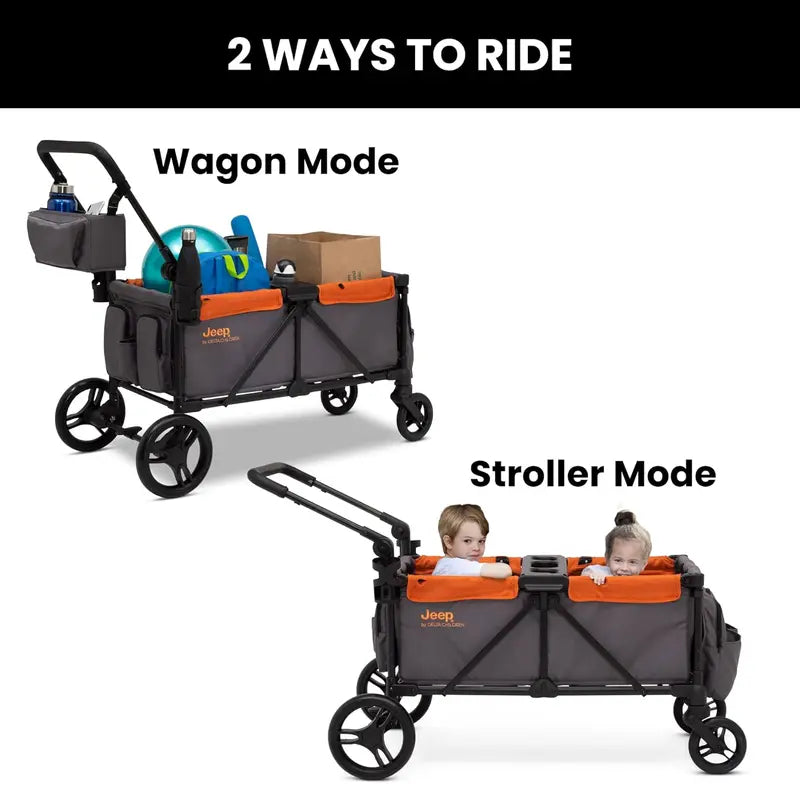 Jeep Sport All-Terrain Stroller Wagon – Delta Children Model with Canopy, Parent Organizer, Snack Tray, Cup Holders & Height-Adjustable Handlebar, Grey/Olive Green