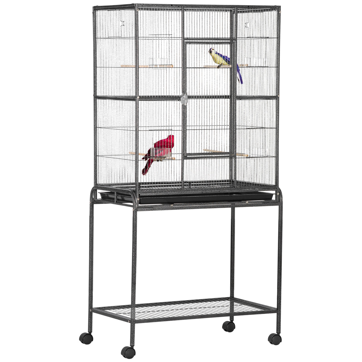 PawHut Vogelkäfig Portable mit 4 Futternäpfen und 4 Holzstangen Praktisch 77 x 47 x 163 cm Schwarz und Grau