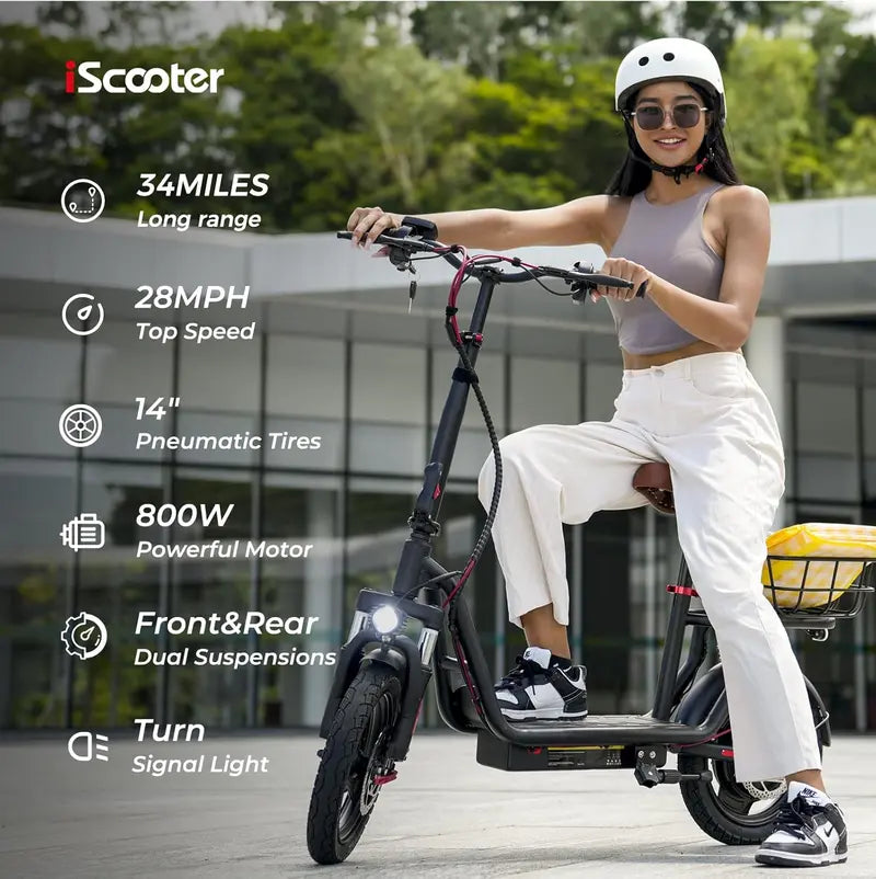 iScooter Foldable Electric Scooter with Seat – 37-Mile Range, Triple-Speed Modes (28/19/15.6 mph), Dual Suspension & Front Basket