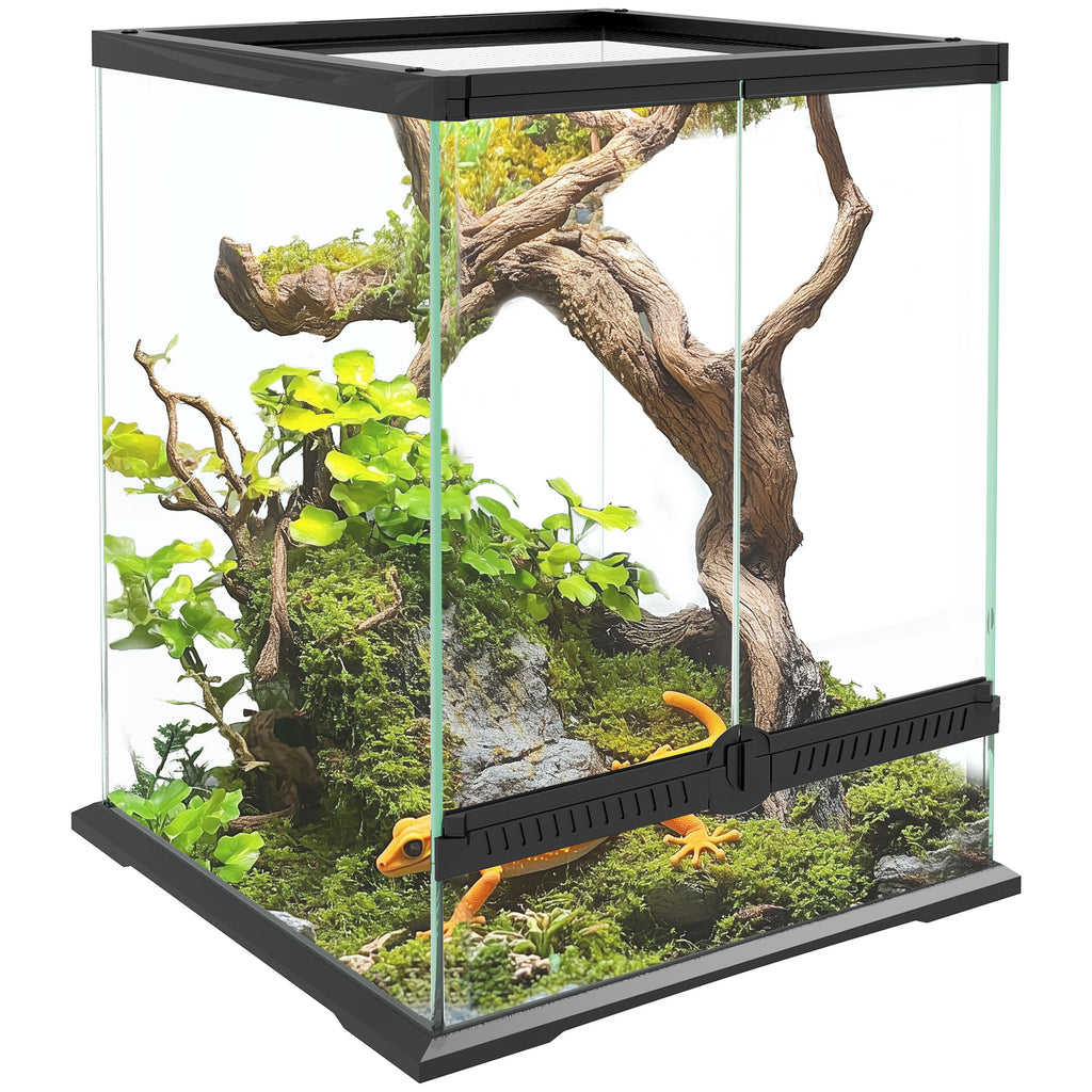 PawHut Terrarium, Glasgehäuse, verriegelbar, Kabelmanagement, 45x45x60cm, Schwarz