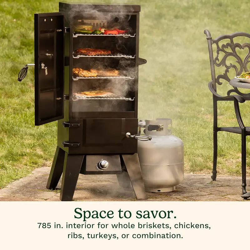 Vertical Propane BBQ Smoker with Four Adjustable Racks – Dual Wood & Water Trays – 15,000 BTU High-Heat Performance for Brisket, Jerky & More