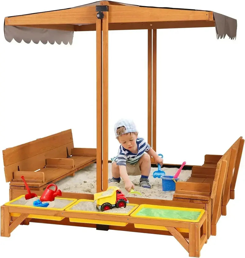 Kids' Wooden Outdoor Sandbox with Retractable Canopy – Includes Foldable Benches & Sand Liner