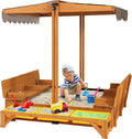 Kids' Wooden Outdoor Sandbox with Retractable Canopy – Includes Foldable Benches & Sand Liner