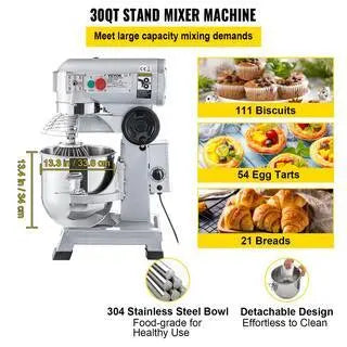 VEVOR 30 Qt Commercial Stand Mixer, 1500W, 3-Speeds, Stainless Steel Bowl