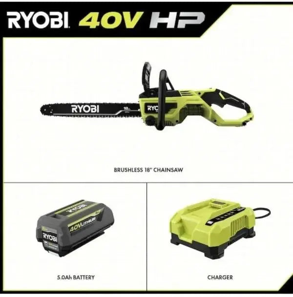 RYOBI 40V Cordless 18″ Chainsaw Kit – Brushless Motor, Battery & Charger Included – Green Trim Design